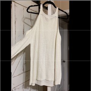 White shoulder-less sweater